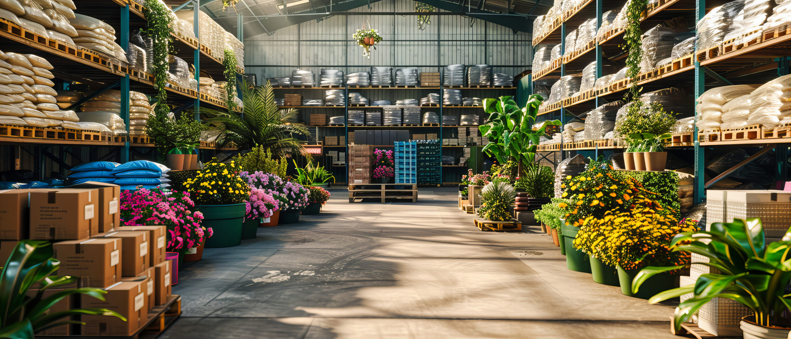 Floral Greenhouse with a Variety of Plants and Flowers, Showcasing Agricultural Retail