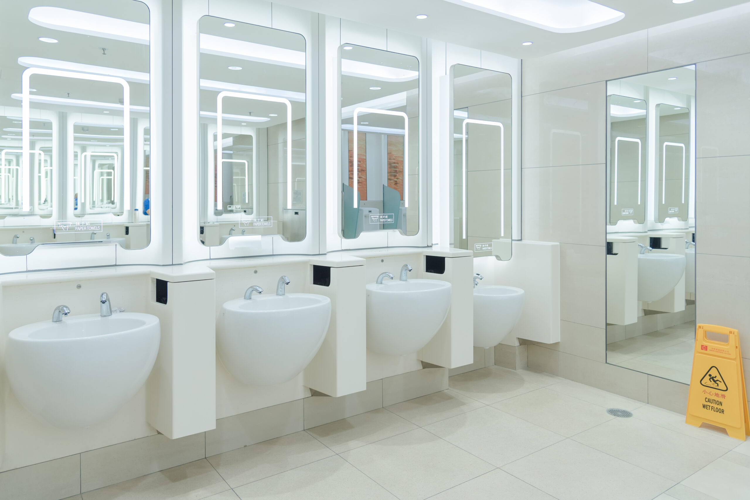 Clean public men toilet in modern international airport for serv
